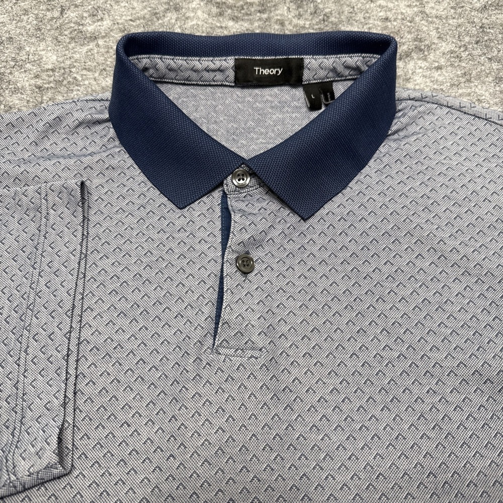 Theory Standard Angle jacquard polo men's large navy blue geometric short sleeve